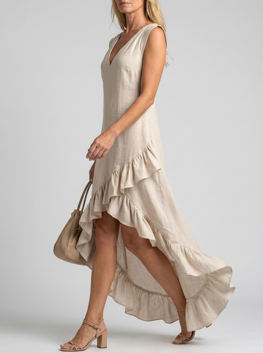 V-Neck Ruffle Maxi Dress - Beige - Side