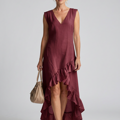 V-Neck Ruffle Maxi Dress - Wine Red - Front