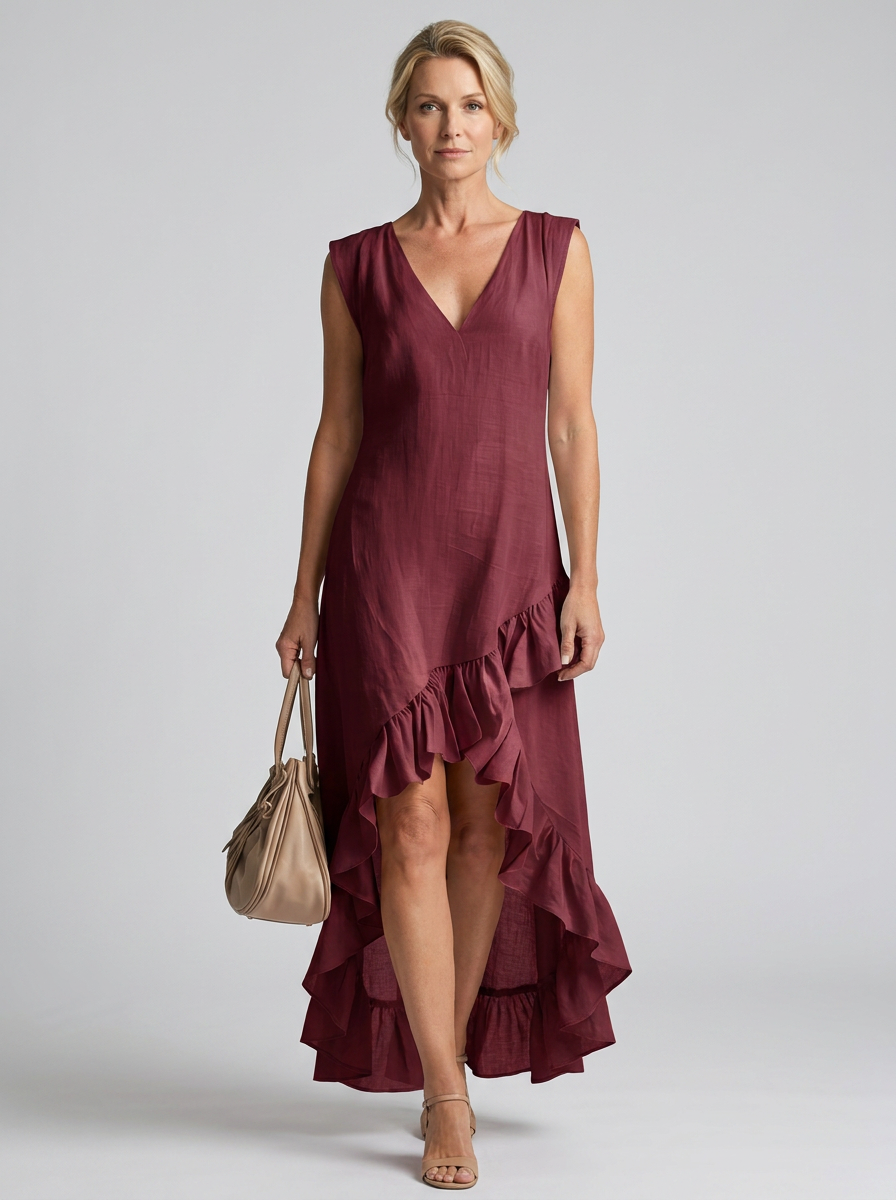 V-Neck Ruffle Maxi Dress - Wine Red - Front