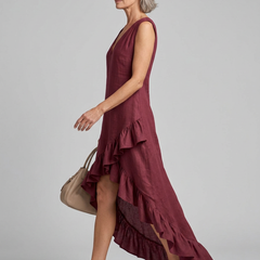 V-Neck Ruffle Maxi Dress - Wine Red - Side