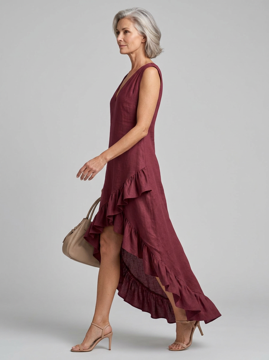 V-Neck Ruffle Maxi Dress - Wine Red - Side