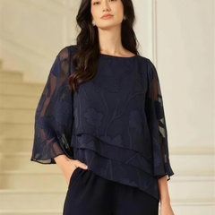 Chiffon Floral Layered Blouse - Navy Blue HD