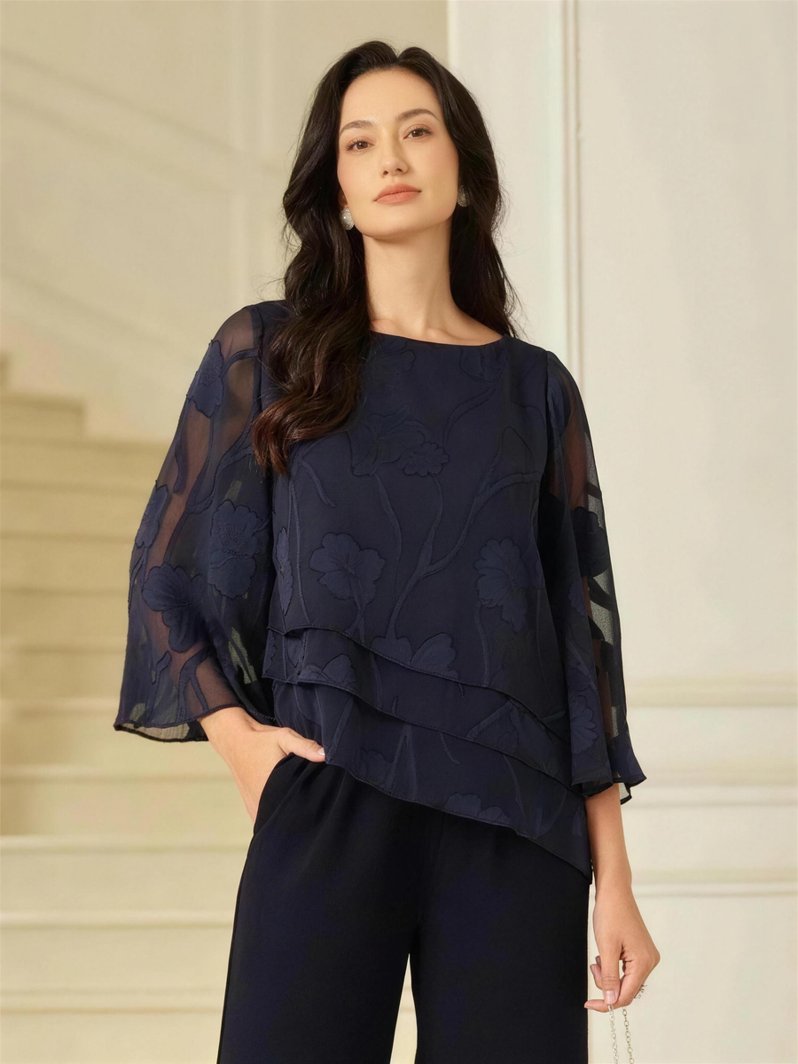 Chiffon Floral Layered Blouse - Navy Blue HD