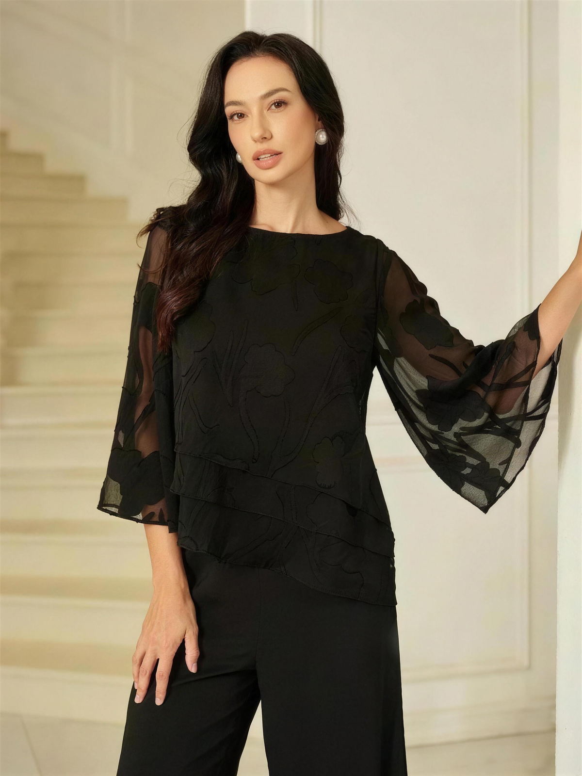 Chiffon Floral Layered Blouse - Black HD