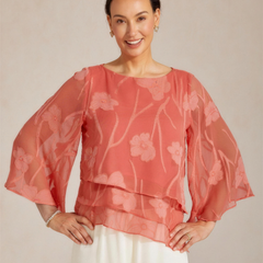 Chiffon Floral Layered Blouse - Coral Red HD