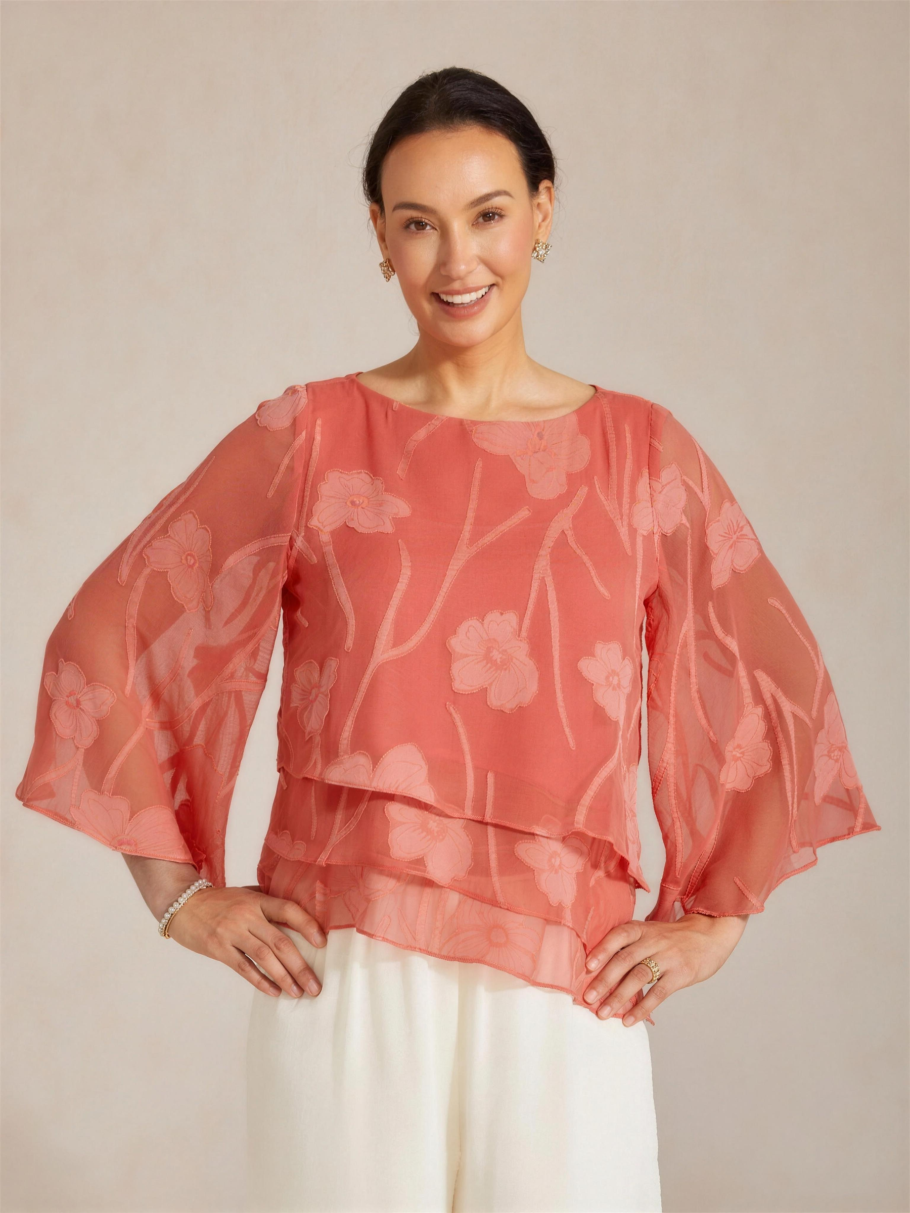 Chiffon Floral Layered Blouse - Coral Red HD