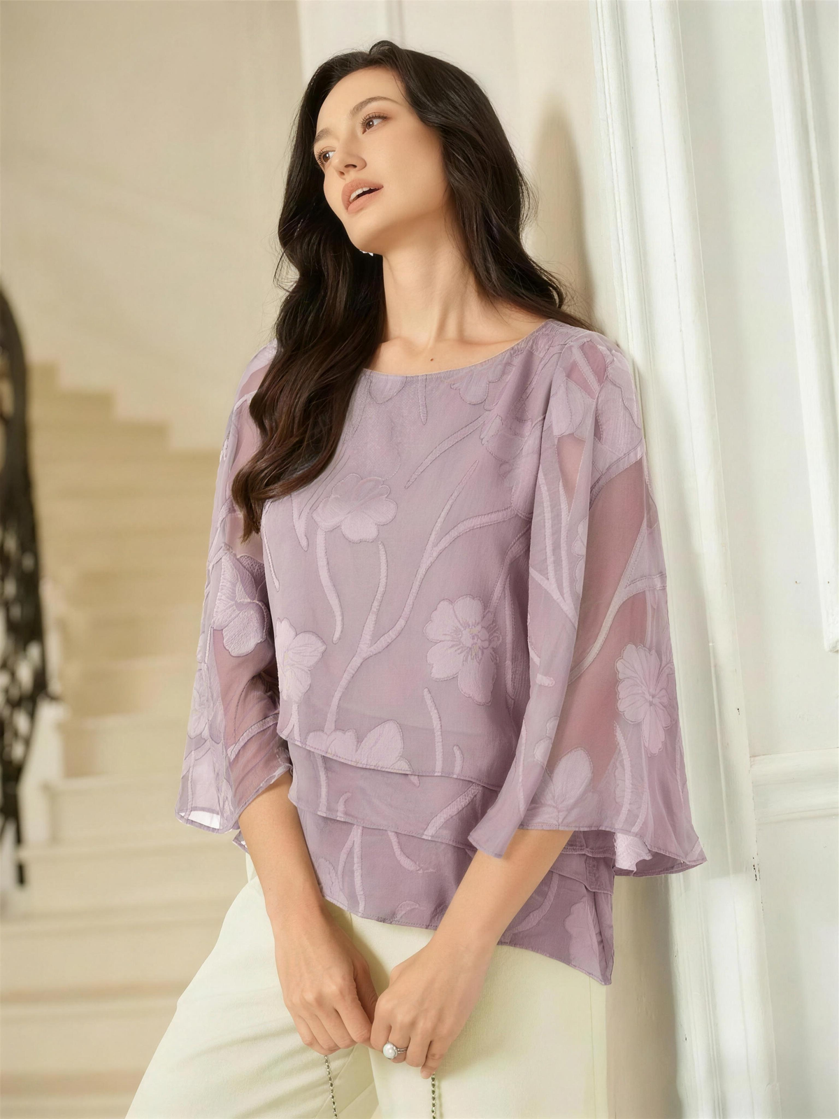 Chiffon Floral Layered Blouse - Wedgewood HD