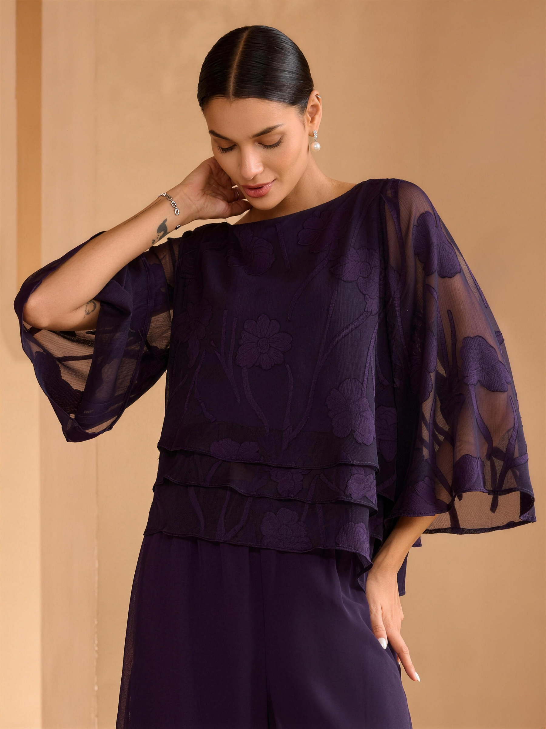 Chiffon Floral Layered Blouse - Light Purple HD