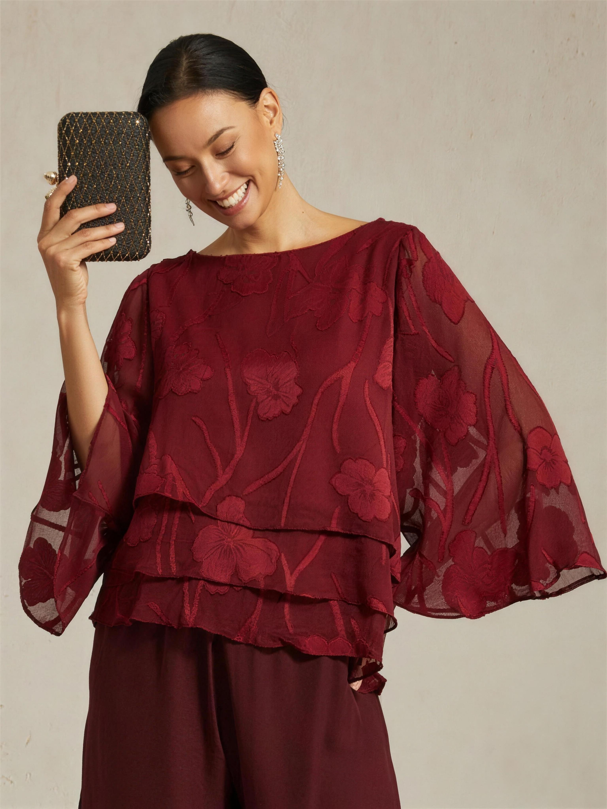 Chiffon Floral Layered Blouse - Sky Blue HD