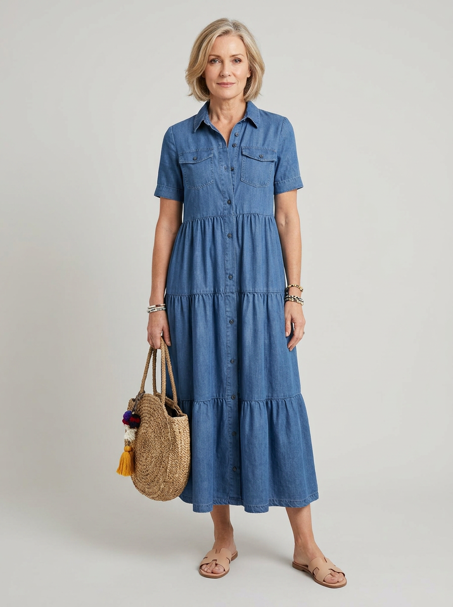 Elizabeth Button-Front Midi Dress - Blue
