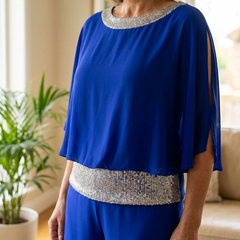 Sequined Colorblock Two-piece Set - Blue