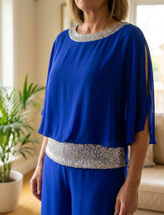 Sequined Colorblock Two-piece Set - Blue