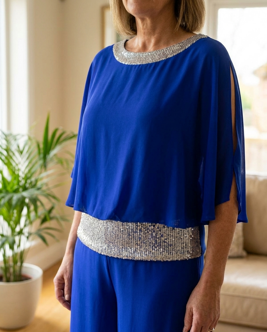 Sequined Colorblock Two-piece Set - Blue