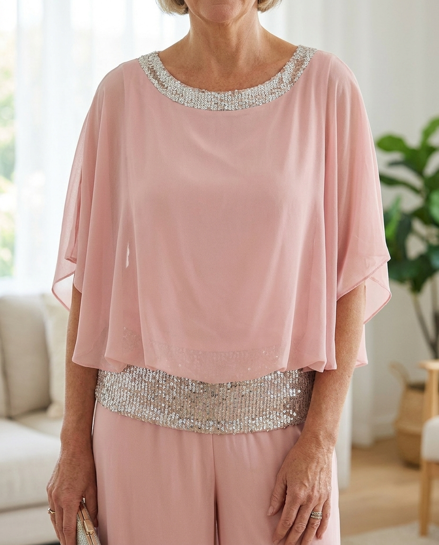 Sequined Colorblock Two-piece Set - Pink