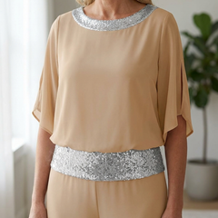Sequined Colorblock Two-piece Set - Khaki