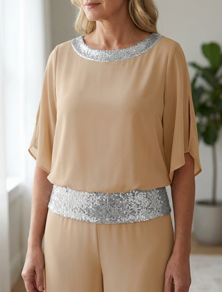 Sequined Colorblock Two-piece Set - Khaki