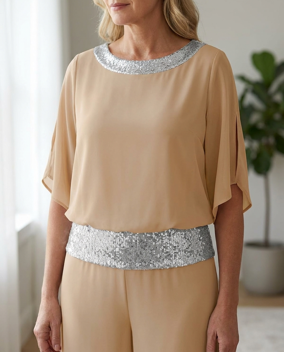 Sequined Colorblock Two-piece Set - Khaki