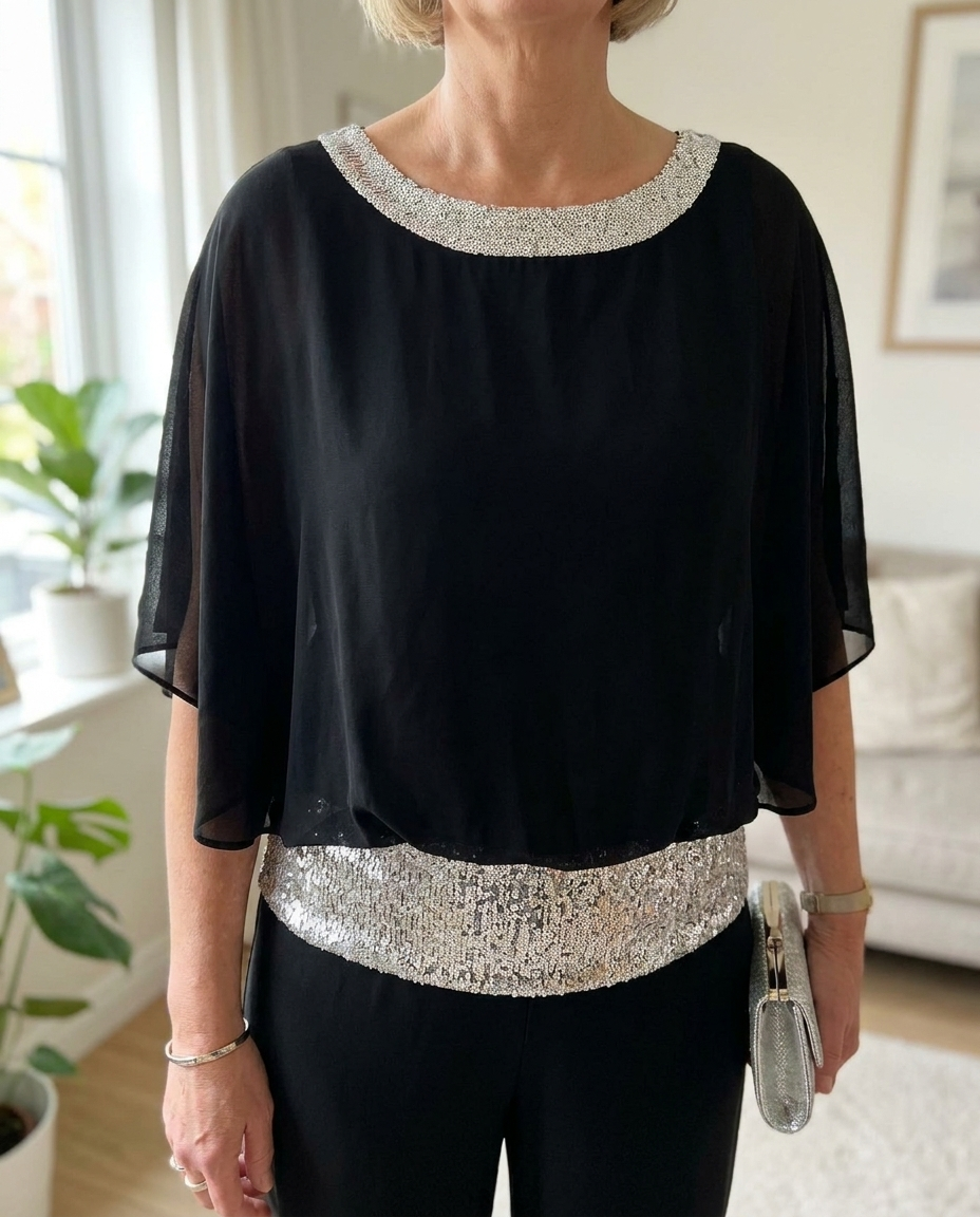 Sequined Colorblock Two-piece Set - Black