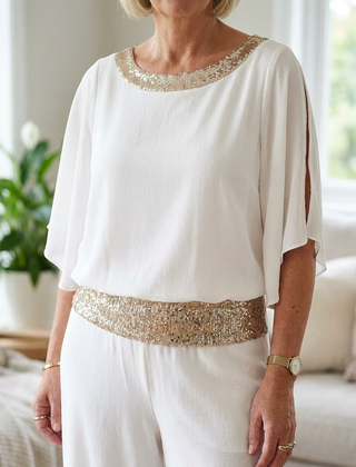Sequined Colorblock Two-piece Set - White