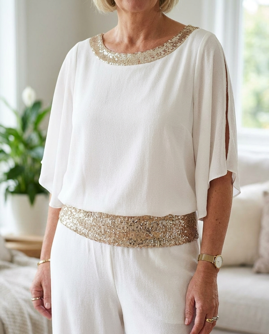 Sequined Colorblock Two-piece Set - White