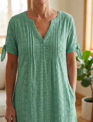 Elegant V-Neck Hollow-Out Solid Dress - Green