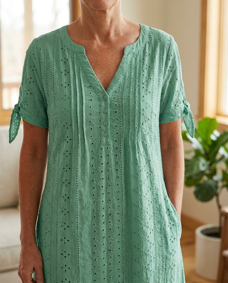 Elegant V-Neck Hollow-Out Solid Dress - Green