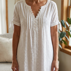 Elegant V-Neck Hollow-Out Solid Dress - White