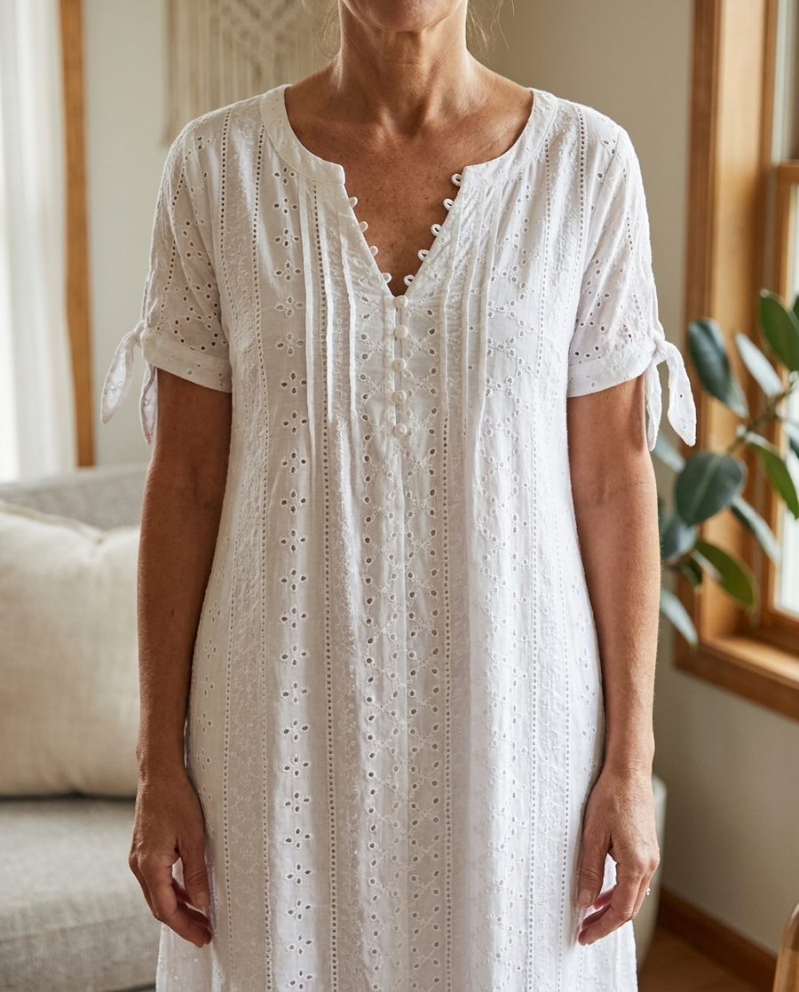 Elegant V-Neck Hollow-Out Solid Dress - White