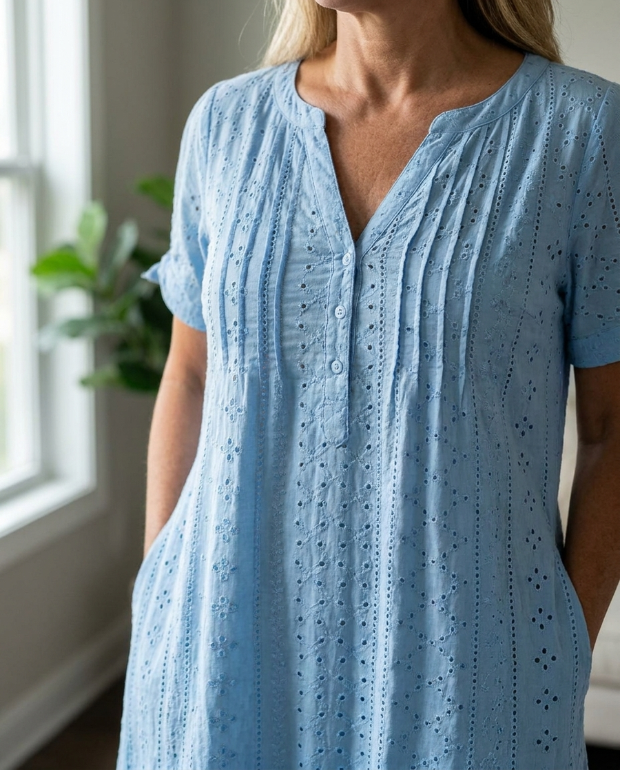 Elegant V-Neck Hollow-Out Solid Dress - Blue