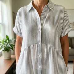 Striped Lapel Shirt Dress - White