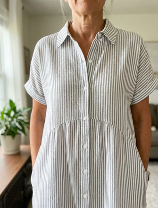 Striped Lapel Shirt Dress - White