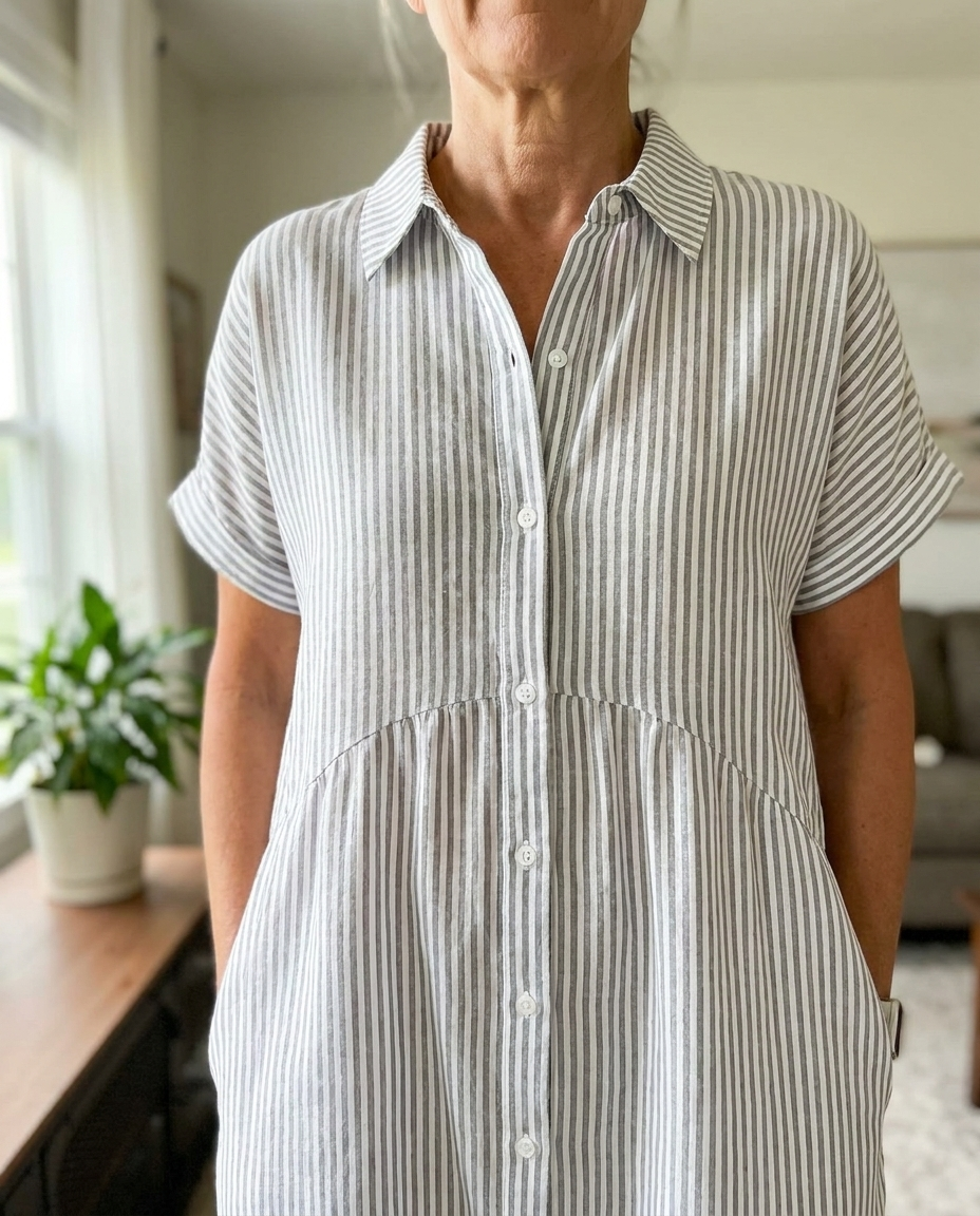 Striped Lapel Shirt Dress - White