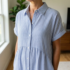 Striped Lapel Shirt Dress - Blue