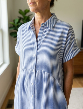 Striped Lapel Shirt Dress - Blue