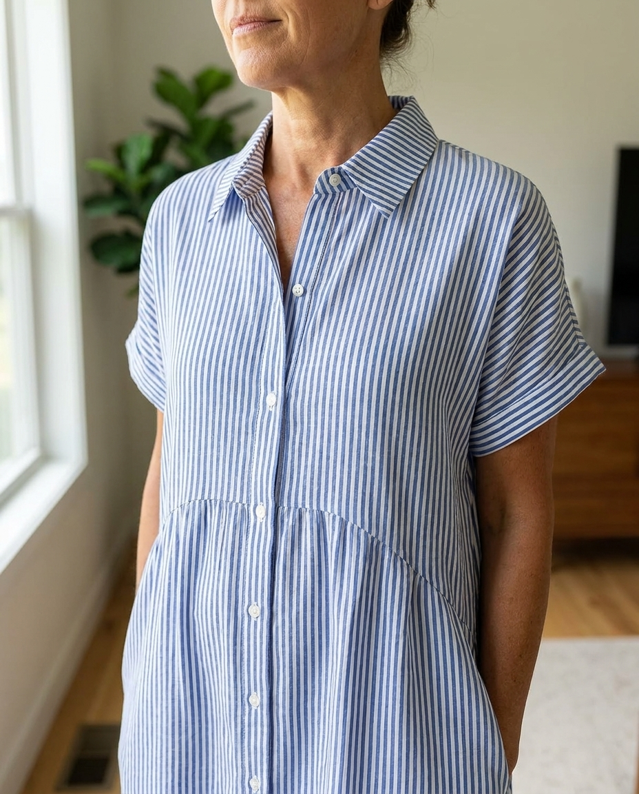 Striped Lapel Shirt Dress - Blue