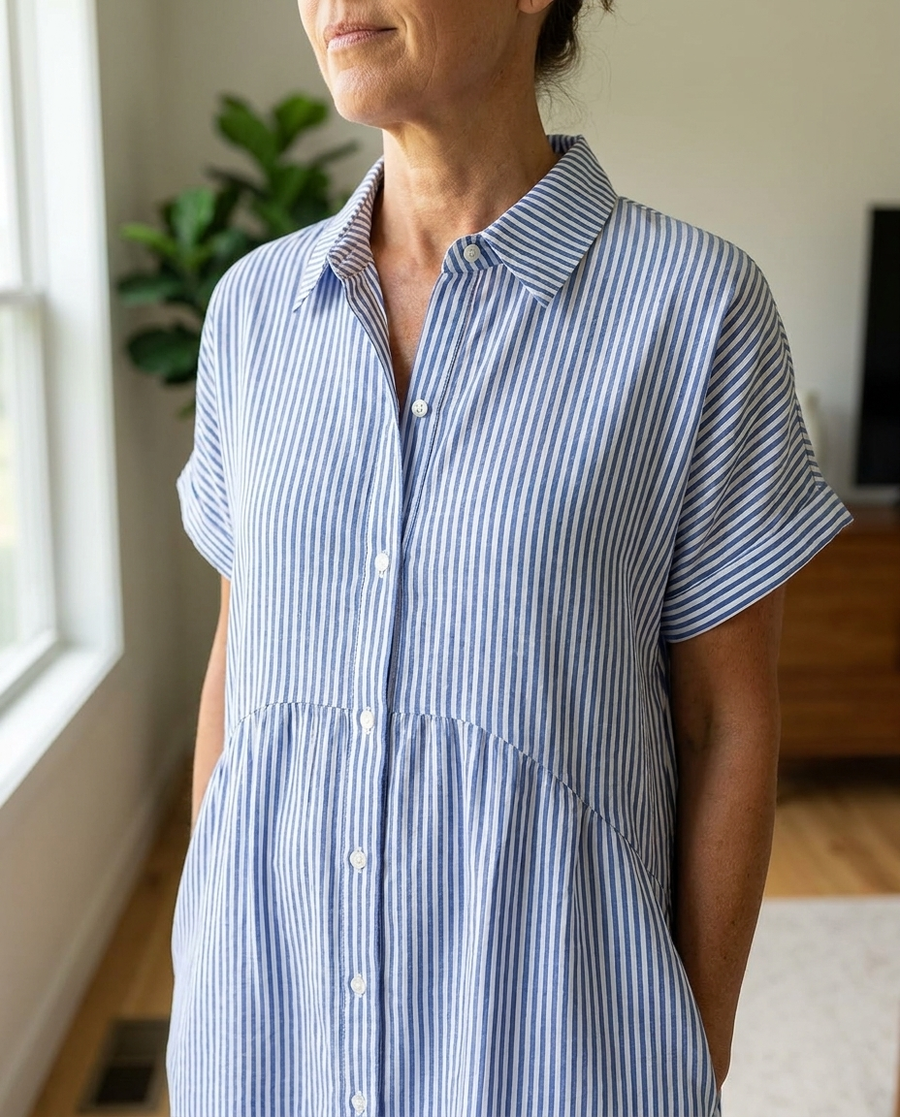 Striped Lapel Shirt Dress - Blue