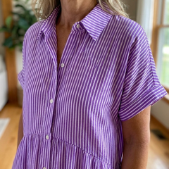 Striped Lapel Shirt Dress - Purple