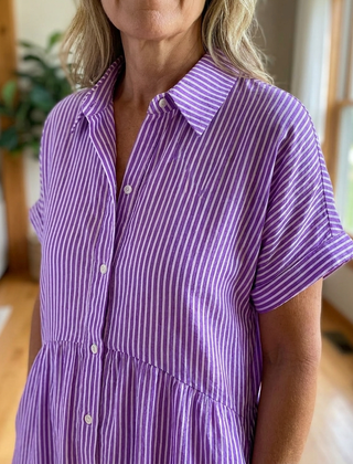 Striped Lapel Shirt Dress - Purple