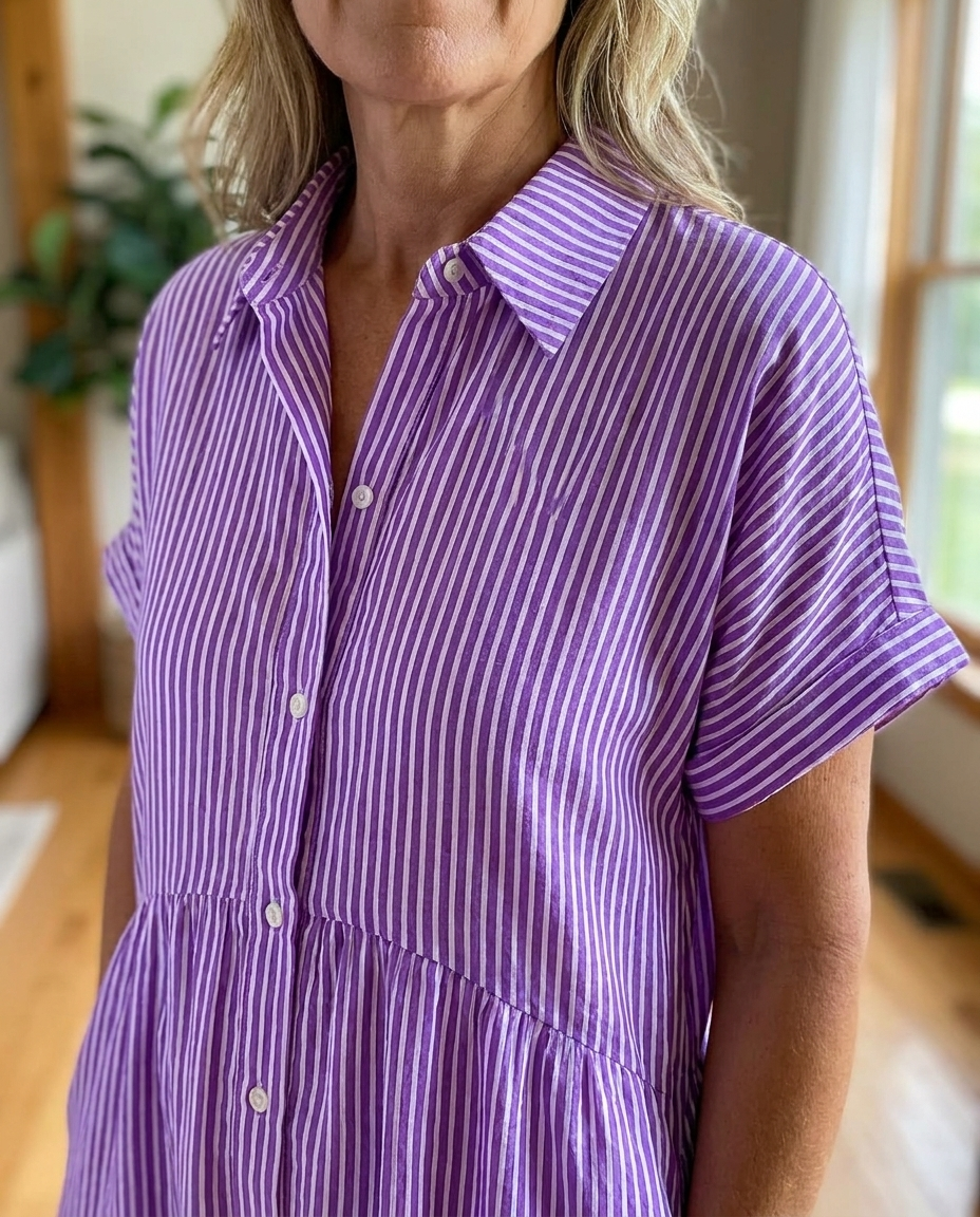 Striped Lapel Shirt Dress - Purple