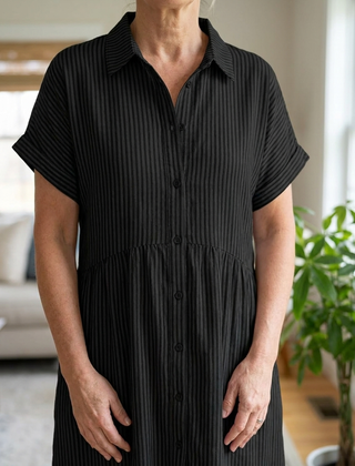 Striped Lapel Shirt Dress - Black