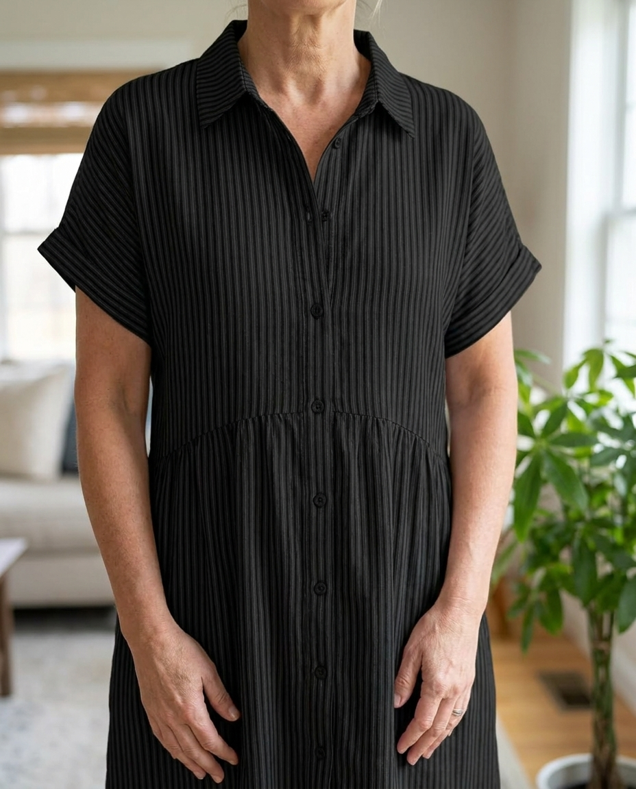 Striped Lapel Shirt Dress - Black