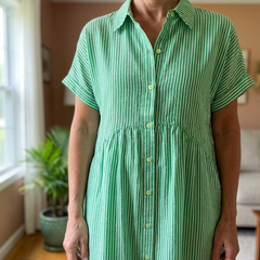 Striped Lapel Shirt Dress - Green
