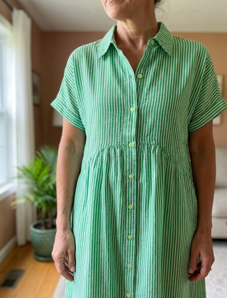 Striped Lapel Shirt Dress - Green