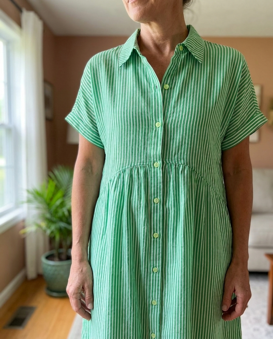 Striped Lapel Shirt Dress - Green