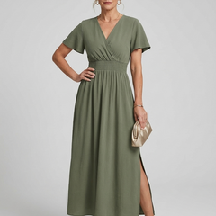 V-Neck Side Slit Maxi Dress - Olive Green