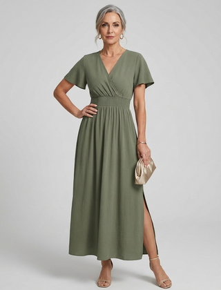 V-Neck Side Slit Maxi Dress - Olive Green