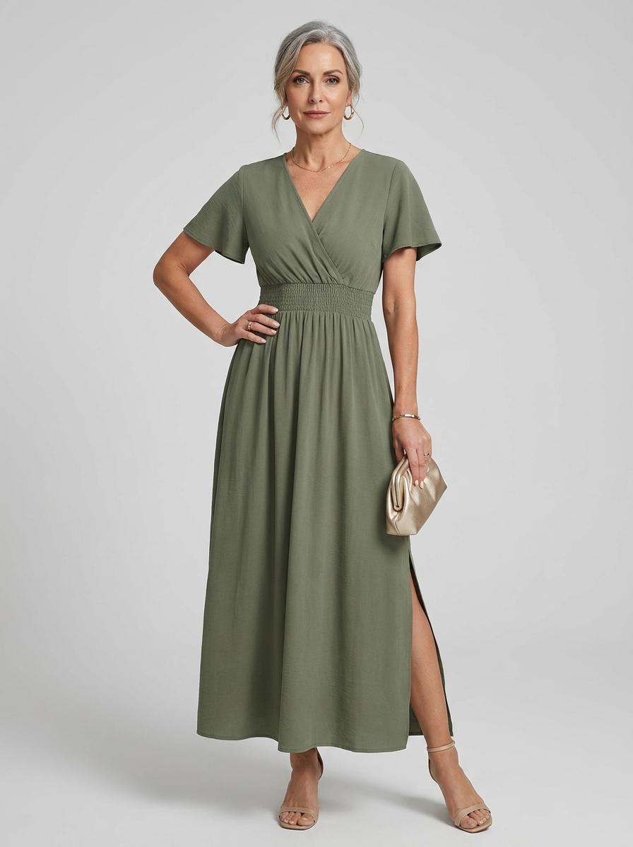 V-Neck Side Slit Maxi Dress - Olive Green