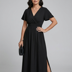 V-Neck Side Slit Maxi Dress - Black