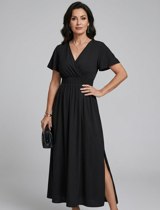 V-Neck Side Slit Maxi Dress - Black