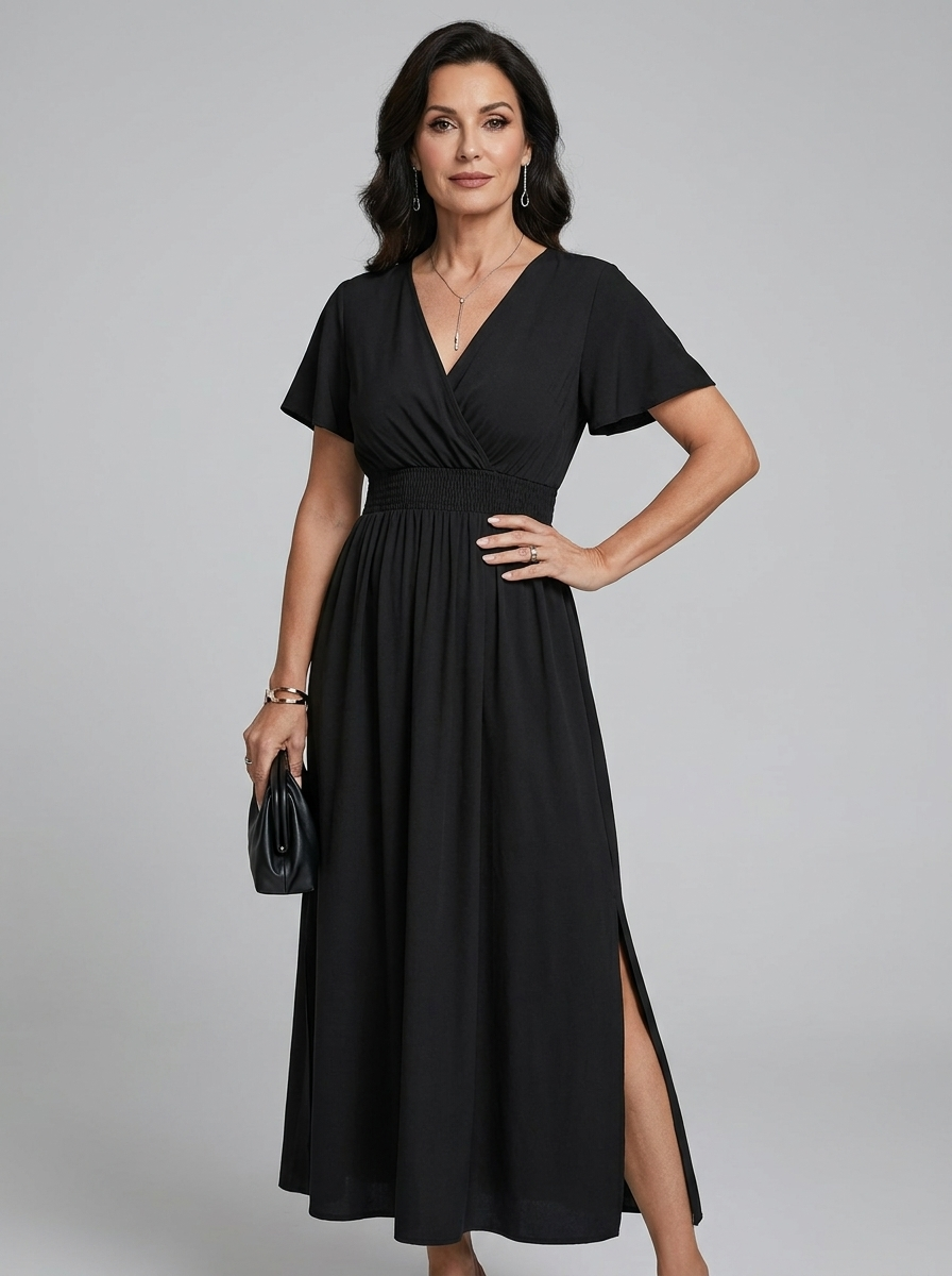 V-Neck Side Slit Maxi Dress - Black